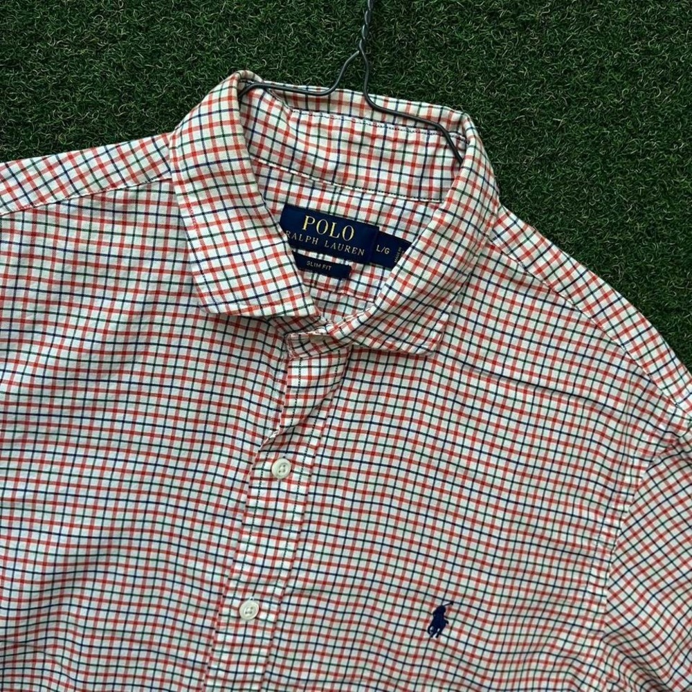 Polo Ralph Lauren Gingham Check Orange White Button Down Dress Shirt Navy‎ Pony